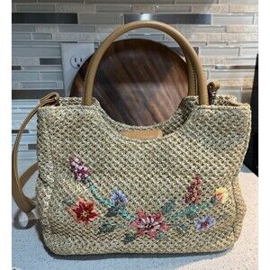 Vintage Natural Woven Purse Embroidered Flowers Hand Bag Satchel Boho